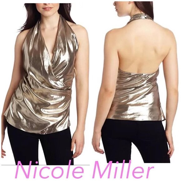 Nicole Miller metallic gold draped halter top.  Flashy sexy club - Picture 1 of 10